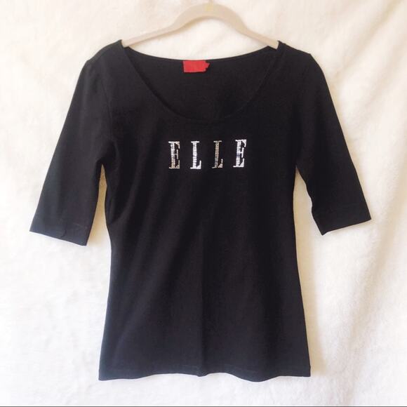 Elle Black "ELLE" Quarter Sleeve Scoop Neck T-Shirt - Picture 1 of 9